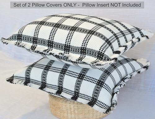 Checkered Throw Pillow Covers with Fringe Set of 2 Woven Cotton Plaid Cushion Covers With Tassels Trim Edge Square Pillow Cases Classic Scandinavian Cottagecore Checks Pattern Black and White 18x18 - color: Black, size: 18" x 18" (Pack of 2)