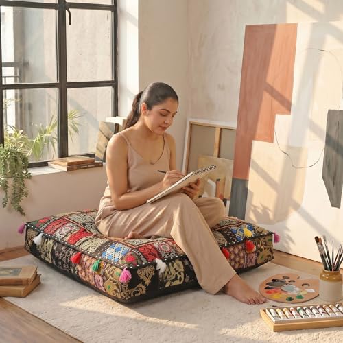 THE ART BOX Cotton Patchwork Vintage Boho Embroidered Floor Pillows & Cushion Cover Dog Pouf Seating Pouf Meditation Pillow Pet Bedding Cat Bed Boho Home Décor (35x35 Inches, Cover Only) - color: Black