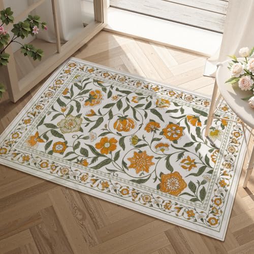 Collive Washable Kitchen Rugs, Spring Floral 2 x 3 Small Entryway Rug Modern Soft Bedroom Carpets, Yellow Vintage Boho Throw Mats Non Slip Stain Resistant Bathroom Carpet for Door Mat, Kids Room - color: Yellow, size: 2' x 3'
