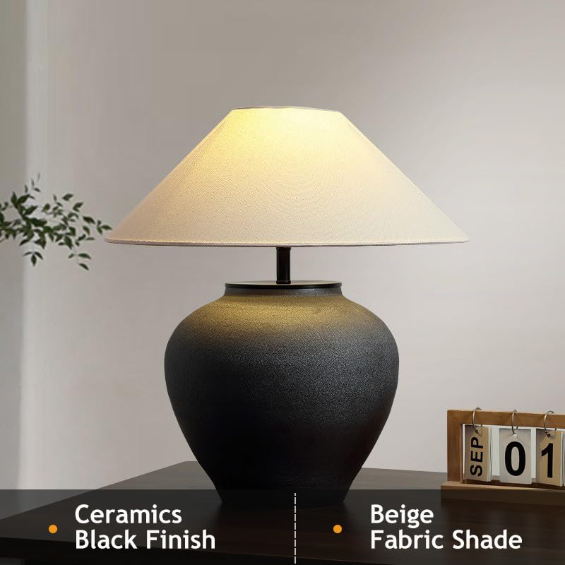 Farmhouse Table Lamps Black 18.8" Tall Ceramic Table Lamp Rustic Southwestern Clay Pot Ceramic Lampshade with Fabric Shade Bedside Nightstand for Living Room Bedroom House Office Entryway (Black) - color: Black