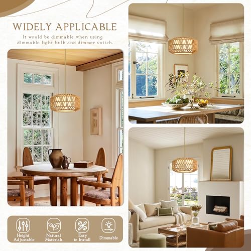 12.6 inch Natural Rattan Light Fixture Woven Pendant Lights Rustic Light Fixtures Fabric Shade Boho Chandelier for Dinning Room Kitchen (Bulb Incl.) - color: 12.6"-Natural-Prism