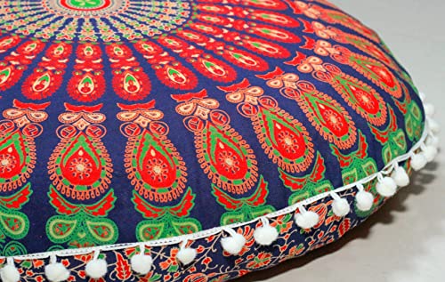 CRAFT KALA Mandala Floor Pillow Cushion Cover Seating Throw Cover Hippie Decorative Bohemian Ottoman Poufs Pom Pom Pillow Cases Boho Indian Cotton Living Room Yoga Home Décor 24" Round, Multi Peacock - color: Multi Peacock, size: 24" x 24" (Pack of 1)