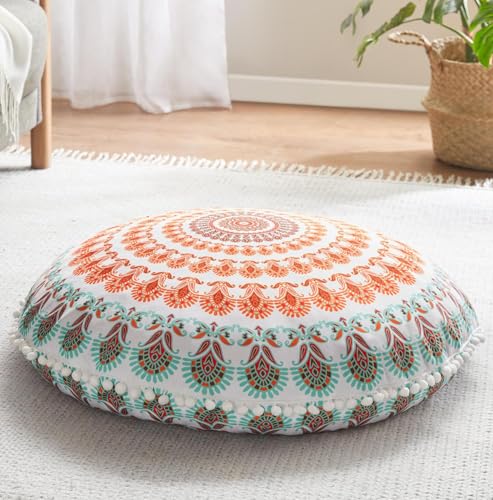 Codi Meditation Floor Pillow, Round Large Pillows Seating for Adults, Bohemian Mandala Circle Cushion for Outdoor Fireplace Yoga Living Room, 32 Inch, Memory Foam Added, Coral - color: Round | Coral, size: 1 Count (Pack of 1)