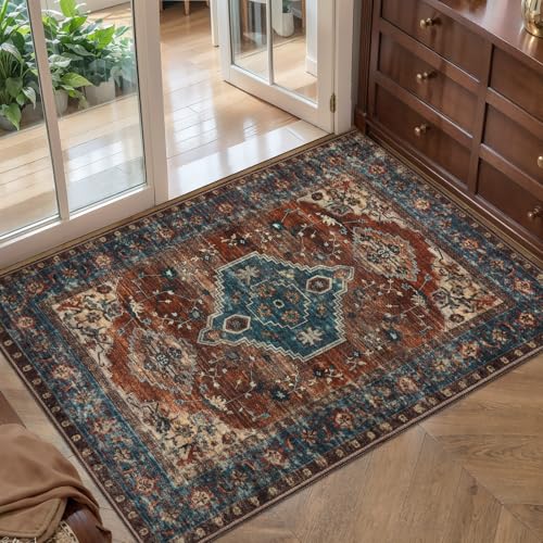Tangsoo Oriental 2x3 Washable Rugs for Entryway Vintage Non Slip Small Area Rug, Indoor Front Door Rug, Print Door Mat Indoor Entrance Soft Low Pile Throw Rug for Entry Kitchen Bedroom Bathroom - color: Rust/Blue, size: 2' X 3' (Rectangular)
