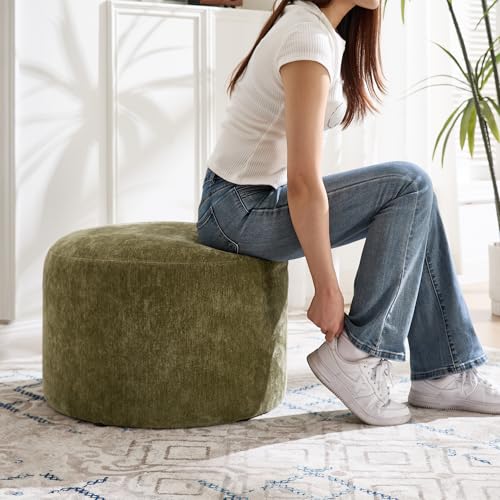 Upholstered Round Ottoman, Green Pouf Ottoman, Modern Footstool with Soft Padded Seat & Solid Wood Frame, Multifunctional Vanity Stool Accent Seat for Living Room and Bedroom, Chenille - color: Green Chenille, size: Set of 1