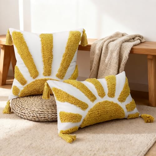 Boho Throw Pillow Covers 18x18 Inch Set of 1, Yellow Sun Tufted Square Pillow Covers with Tassels, Bohemian Farmhouse Decorative Cushion Cover for Couch Sofa Bedroom Living Room Home Decor - color: Golden Sunburst