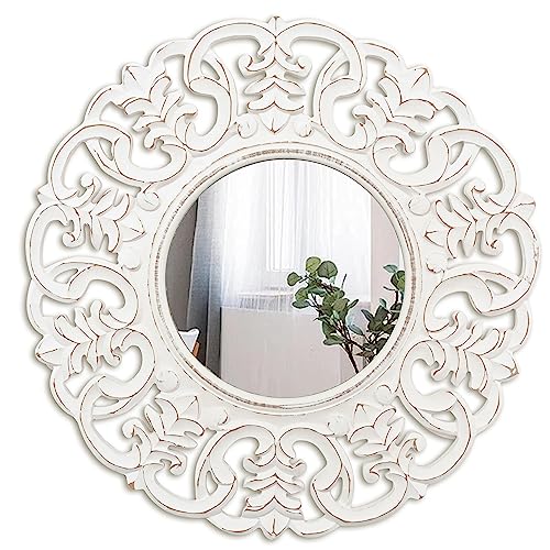 JFY Designs Wall & Accent Mirror Wall Décor - Vanity Mirror with Engineered Wood Frame, Boho Farmhouse Wall-Mounted Mirrors for Bathroom, Entryway, Living Room - color: Augustine White, size: 24"L x 24"W
