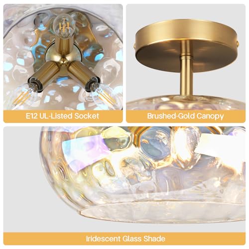 12" Iridescent Rainbow Hammered Glass Ceiling Light, 3-Light Semi Flush Mount Fixture, Modern Gold Lighting for Bedroom, Hallway, Kitchen, Dining Room, Living Room, Foyer - color: Iridescent