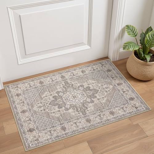 Tortania Area Rug 2x3 Doormat - Washable Vintage Oriental Farmhouse Soft Thin Indoor Carpet for Living Room Bedroom Hallway Entryway Kitchen - Taupe Brown - color: Taupe Brown, size: 2' x 3' (Rectangular)