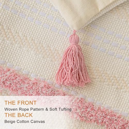 Boho Throw Pillow Covers 12x20 Set of 2 Woven Tufted Farmhouse Pillows Cover with Tassels Textured Striped Cushion Case Lumbar Pillow Cases Decorative Pillowcase for Sofa, Couch, Bed, Pink - color: Pink, size: 20" x 12" (Pack of 2)