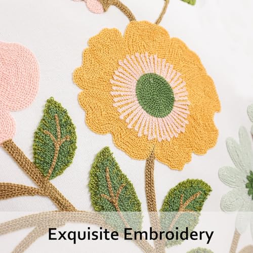 Floral Throw Pillow Covers 18x18 Pack of 2 Pink and Yellow Flower Embroidered Pillow Cover with Green Leaves Farmhouse Pillow Cushion Case Decorative Farm Pillowcases for Summer Fall Autumn - color: Yellow and Pink Flowers