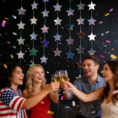 Iridescent-Star-Garland 90FT – 240 Pcs Sparkling Star Streamers-Hanging Glitter Star Banner Backdrop for Birthday, Baby Shower, Wedding, Christmas Party Decorations (6 Packs) - color: Iridescent