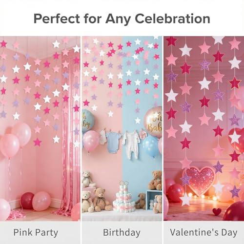 Glitter Pink, Rose Red & Pink White Iridescent Star Garland 90FT, 240pcs Hanging Glitter Star Banner Backdrop for Birthday, Baby Shower, Wedding & Christmas Party Decorations (6 Packs) - color: Glitter Pink & Rose Red & Pink & White