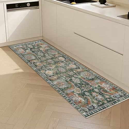 RUGSURE Washable Area Rugs - Perfect for Living Room, Bedroom, Kids Room, Nursery - Stain & Water Resistant Non-Slip, Pet & Child Friendly, Vintage Tribal Area Rugs (Green, 2'6'' x 8') - color: Green, size: 2'6" x 8' (Rectangular)