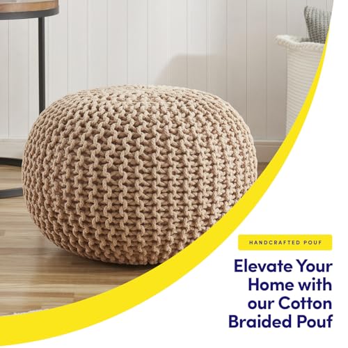 Pouf Ottoman Foot Rest Stuffed – 20” Diameter x 14” Tall Cozy Floor Pouf for Living Room, Bedroom, Nursery & More – 100% Cotton Knit Shell, EPS Bead Filled Footrest & Accent Chair, Taupe - color: Taupe
