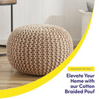 Pouf Ottoman Foot Rest Stuffed – 20” Diameter x 14” Tall Cozy Floor Pouf for Living Room, Bedroom, Nursery & More – 100% Cotton Knit Shell, EPS Bead Filled Footrest & Accent Chair, Taupe - color: Taupe