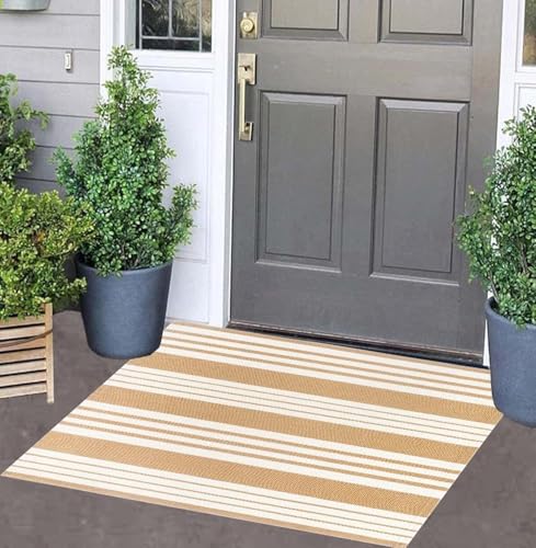 Khaki and White Striped Outdoor Rug 24'' x 35'' Door Mat Outdoor Machine Washable Welcome Mats Cotton Hand-Woven Entryway Rug for Front Porch/Entryway/Laundry/Bathroom/Bedroom - color: Khaki, size: 2' x 3' (Rectangular)