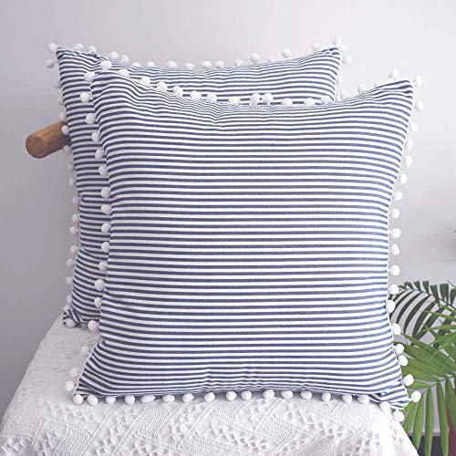 HOPLEE Decorative Pillow Covers 16x16 Farmhouse Stripe Pillows Covers Navy Blue Pillow Covers with Pom Pom for Home Decor 16x16 Inches Set of 2 - color: Navy Stripe Pom, size: 16" x 16" (Pack of 2)