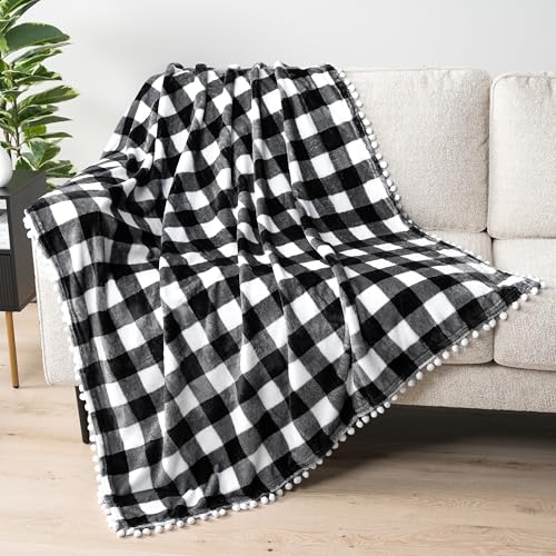 PAVILIA Black White Fleece Throw Blanket for Couch with Pom Pom Fringe, Buffalo Checkered Plaid, Soft Cozy Fuzzy Flannel Blanket for Sofa Bed, Large Lightweight Plush All Season Throw, 60x80 Inches - color: Checkered White, size: 60"x80"