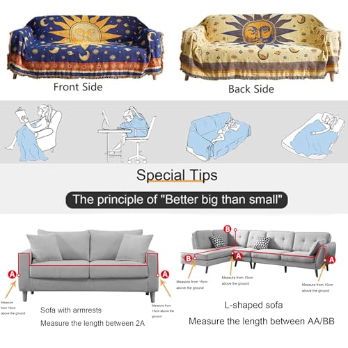 Hippie Throw Blanket Sun Moon Stars Boho Throw Blankets Celestial Tapestry Double-Sided Reversible Woven Cotton Home Decor Bedding Chair Couch Recliner Cover Oversized Tassels Astrology 70"x90" - color: Sun God, size: 70x90inch