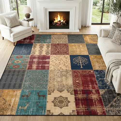Vintage Boho Area Rugs for Living Room 2x3ft Distressed Geometric Rug, Bohemian Multi-Color Patchwork Rug, Retro Ethnic Rugs Non-Slip Washable Carpet for Bedroom Farmhouse Decor - color: Multi-color Patchwork, size: 2' x 3' (Rectangular)