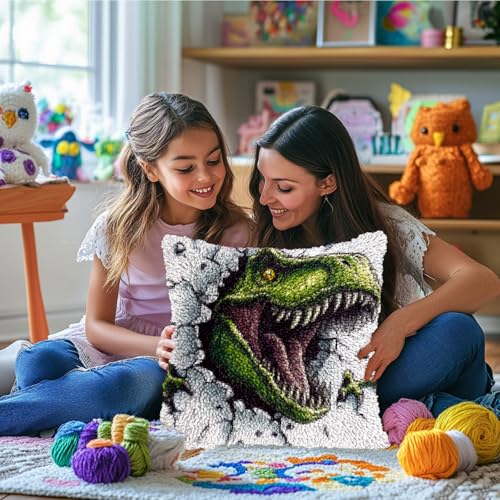 DIY Latch Hook Pillow Kits Green Dinosaur Printed Pillowcase Crochet Yarns Hooking Handmade Pillow Cover Cushion for Home Sofa Decoration 17x17inch-6 - color: 10-Green Dinosaur