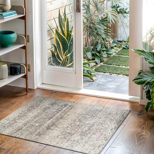 Bloom Rugs Washable Non-Slip 2x3 Rug - Beige Brown/Teal Traditional Oriental Area Rug for Living Room, Bedroom, Dining Room, and Kitchen - Exact Size: 2' x 3' - color: Beige Brown / Teal, size: 2' x 3' (Rectangular)