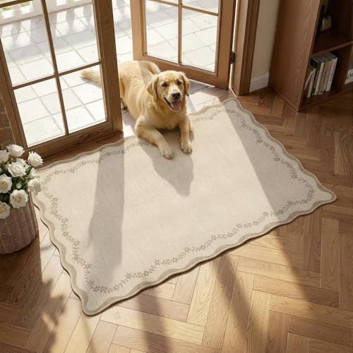 GarveeHome Scalloped Entryway Rug, 2x3 Solid Jute Washable Front Door Rug Indoor Entrance Floral Carpet Non-Slip Low Pile Throw Rugs for Kitchen Floor, Powder Room, Entry, Bathroom, Kids Room - color: Jute, size: 2' x 3' (Rectangular)