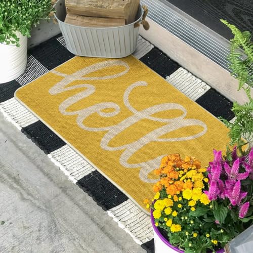 Artoid Mode Yellow Hello Spring Doormat, Summer Home Decor Low-Profile Switch Rug Door Mat Floor Mat for Indoor Outdoor 17x29 Inch - color: Yellow, size: 17" x 29"