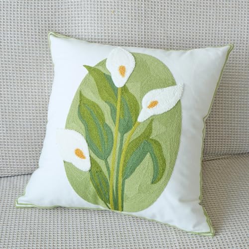 vctops Farmhouse Calla Lily Cotton Tufted Throw Pillow Cover Spring Floral Embroidery Pillowcase Soft Square Cushion Case for Sofa Couch Bed Chair (White C,18"x18") - color: White C