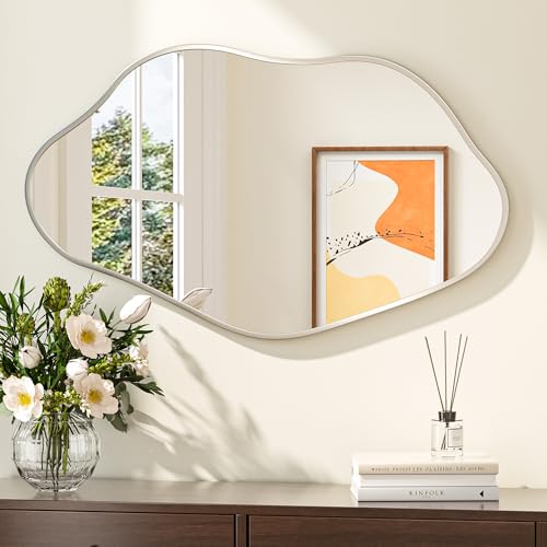 Keonjinn Nickel Irregular Mirrors for Wall 40" x 24" Inch, Asymmetrical Metal Frame, Tempered Glass Decorative Mirror for Bathroom, Bedroom, Living Room, Entryway(Horizontal/Vertical) - color: Nickel, size: 24"L x 40"W