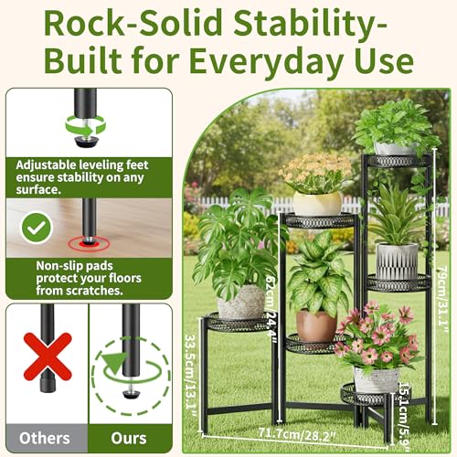 6 Tier Large Plant Stand Indoor with 7.9-Inch Wide Drainage Tray, Tiered Corner Metal Outdoor Flower Display Holder Shelf, Folding Tall Rack for House Patio Porch Balcony Graden - BlackFlower - color: BlackFlower, size: 6-tiers