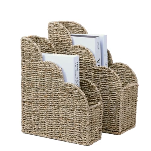 BROWNLILY Scalloped Magazine Holder Set of 2 - Natural Handwoven Seagrass Book Baskets for Bedroom, Bathroom, Living Room, Home, Office - Home Organization and Storage