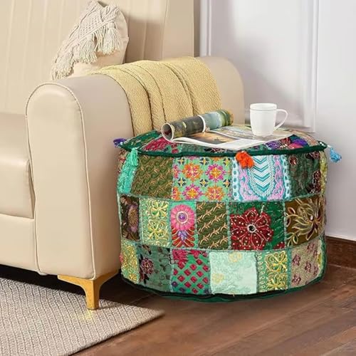 Bohemian Indian Patchwork Ottoman Pouf Cover – 14"x22" inch Round Cotton Embroidered Footstool Pillow – Vintage Ethnic Decor, Green (Cover Only) - color: Green, size: 22"D x 22"W x 14"H
