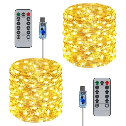 Twinkle Fairy Lights 8 Modes with Remote and Timer 33ft 100LED USB Plug in String Lights Waterproof String Lights for Bedroom Indoor Wreath Party Wedding Christmas Decoration, Warm White - color: Warm White, size: 2 Pack