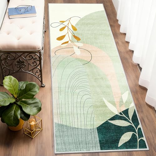 MUJOO Washable 2x6 Runner Rugs for Kitchen Hallway Bedside Bathroom Laundry Room Bedroom Floor,Boho Long Area Rug Non Slip Carpet Throw Rug Mid Century Modern Abstract Botanical Geometric Green - color: Green（modern）, size: 2' x 6' (Rectangular)
