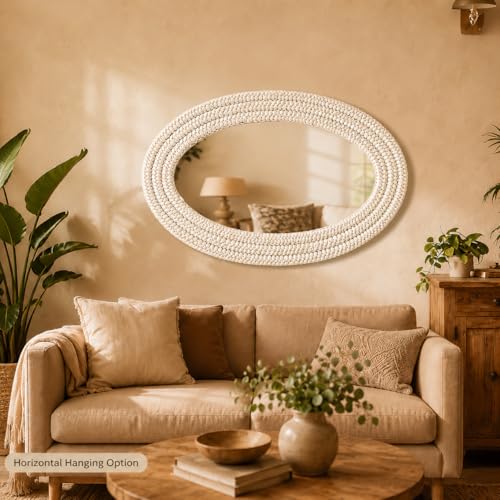 26" x 39" Oval Wall Mirror, Handwoven Natural Corn Husk Fiber with Light Whitewashed Finish, Boho Coastal Style for Entryway, Bedroom, Living Room, Vertical & Horizontal Hanging - size: 39"L x 26"W