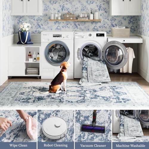 jinchan Fiora Floral 2x3 Rug for Entryway - Vintage Washable Area Rug Ultra-Thin Low Pile Soft Small Non Slip Distressed Indoor Door mat Accent for Entrance Kitchen Bathroom Bedroom (2x3ft, Dark Blue) - color: Distressed Dark Blue, size: 2' x 3' (Buttery