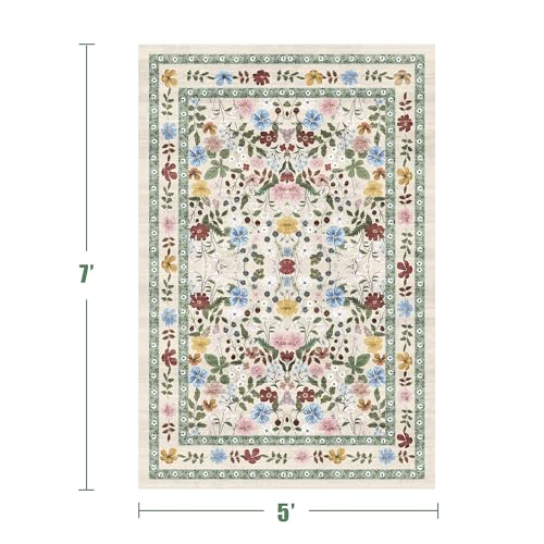 Deerly Floral Area Rugs 5x7 Vintage Boho Washable Non-Slip Living Room Carpet Soft Low Pile Colorful Thin Bedroom Floor Mat Indoor for Dining Room Playroom Nursery Farmhouse, Beige/Green/Multi - color: Beige/Green/Multi, size: 5' x 7' (Rectangular)