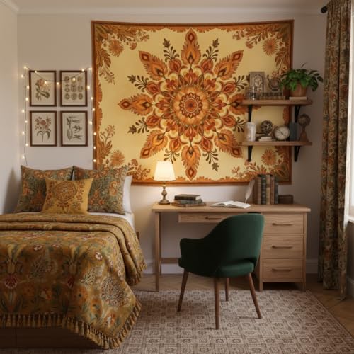 Motanber Boho Mandala Floral Tapestry Wall Hanging Bohemian Orange Yellow Flower Tapestry Aesthetic Vintage Sunflower Indian Cute Small Tapestries for Bedroom Living Room Dorm Decor 48 x 36 Inch - color: Orange Yellow, size: 48"L x 36"W
