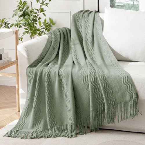 MIULEE Sage Knitted Throw Blanket for Couch Boho Green Textured Cozy Woven Decorative Farmhouse Blanket with Tassels for Sofa Chair Bed Living Room, Lightweight Spring Home Decor 50"x60" - color: Sage, size: 50" x 60"