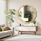 Circle Wood Mirrors for Wall, Wavy Round Bathroom Scalloped Mirror Wooden Frame 36 Inch for Living Room Farmhouse Bedroom Hallway Entryway Living Room with Shatterproof Glass Wall Mounted - size: 36"L x 36"W