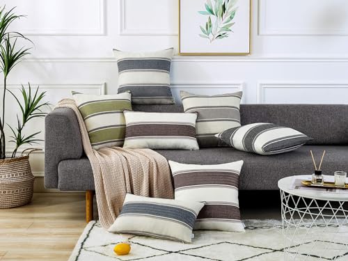 AmHoo Pack of 2 Farmhouse Linen Throw Pillow Cover Cushion Stripe Decoration Buffalo Retro Pillowcase with Hidden Zipper for Sofa Bedroom Car 12 x 20 Inch Brown - color: Brown, size: 20" x 12" (Pack of 2)