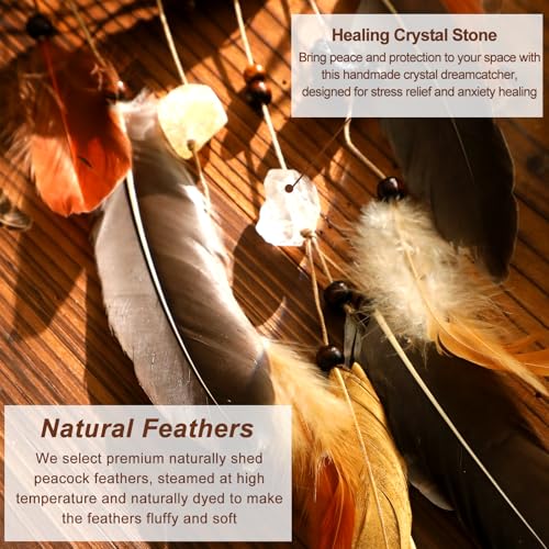 Dream Catcher Native American Boho Dreamcatcher Rattan Wall Decor, Handmade Natural Healing Crystal Stones Feathers Hanging Ornament Indian Decor for Bedroom Living Room - color: Brown With Crystal