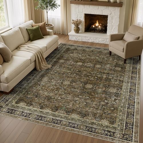 WITSHOCK 10x13 Area Rugs for Living Room: Washable Vintage Rug Retro Antique Distressed Dark Large Non Slip Low Pile Soft Boho Indoor Floor Carpet for Bedroom Dining Room Home Decor, Brown Olive Green - color: Brown/Olive Green/Purple, size: 10' x 13' (Re