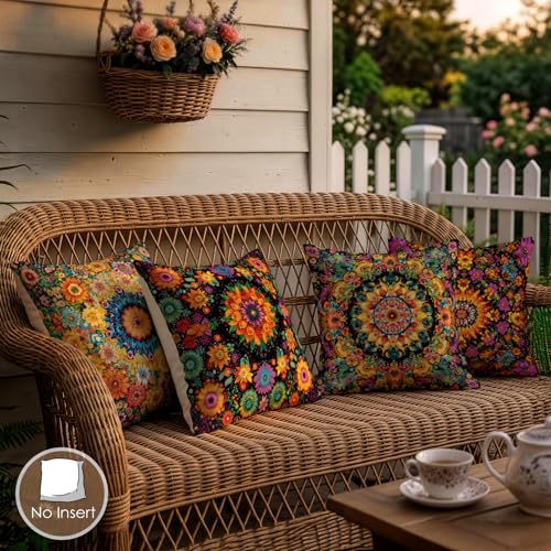 OBSEDE Boho Mandala Decorative Throw Pillow Covers 18x18 Set of 4, Vintage Floral Pillow Cases for Sofa Couch Living Room Decor - color: Classic Mandala Bloom Pattern, size: 18" x 18" (Pack of 4)