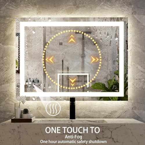 XRAMFY 32'' x 24'' LED Bathroom Mirror with Lights, Wall Mirror with Front and Backlight, 3 Colors Vanity Mirror with Lights, Anti-Fog Wall Mirror for Bathroom - size: 32"L x 24"W