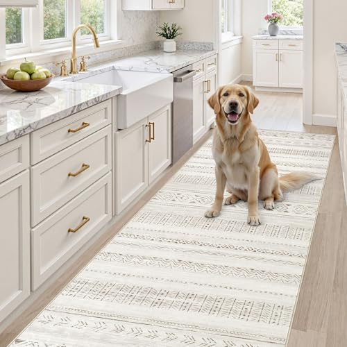 cotiled Washable 3x8 Runner Rugs: Washable Boho Rugs with Non Slip Backing Large Soft Indoor Stain Resistant Carpet for Living Room Bedroom Farmhouse Dining Room Lightweight Home Decor L Brown/Cream - color: Light Brown/Cream, size: 3' x 8' (Runner)