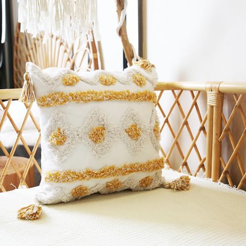 Boho Pillow Covers 18X18 Inch White Yellow Tufted Throw Pillow Covers Decor Tassels Cushion Cover Pillow for Sofa Handmade Embroidery Couch Pillow Covers Retro Boho Pillowcase Covers