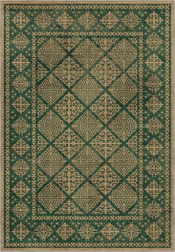 Traditional Ethnic Vintage Rug 3x5 Green Gold Geometric Border Pattern Washable Rugs for Living Room Bedroom Guestroom Soft Faux Wool Carpet Retro Art Deco Home Office Apartment Oriental Carpets - color: A, size: 3x5